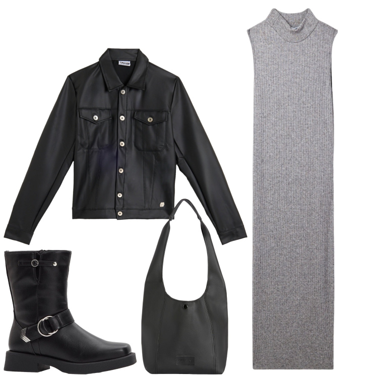 Outfit donna - Nero grey. Stile Casual chic per Serata fuori. Abbinamento con stivaletti, vestiti senza maniche, borse a spalla, giacche.