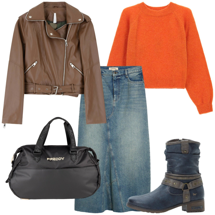 Outfit donna - Arancio e gonna jeans. Stile Casual per Tutti i giorni. Abbinamento con gonne, stivali, giacche, maglieria, borse sportive.