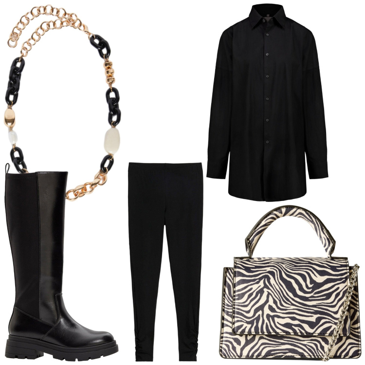 Outfit donna - Spiritosa. Stile Casual per Serata fuori. Abbinamento con leggings, stivali, borse a tracolla, camicie, collane.