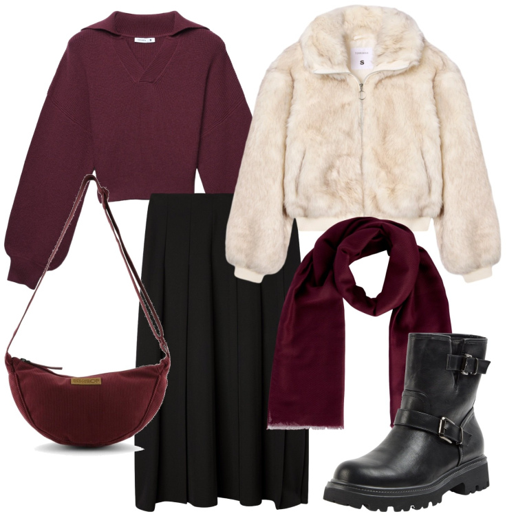 Outfit donna - Pellicciotto. Stile Trendy per Tutti i giorni. Abbinamento con gonne lunghe, stivaletti, foulard, maglieria, ecopellicce, borse a tracolla.