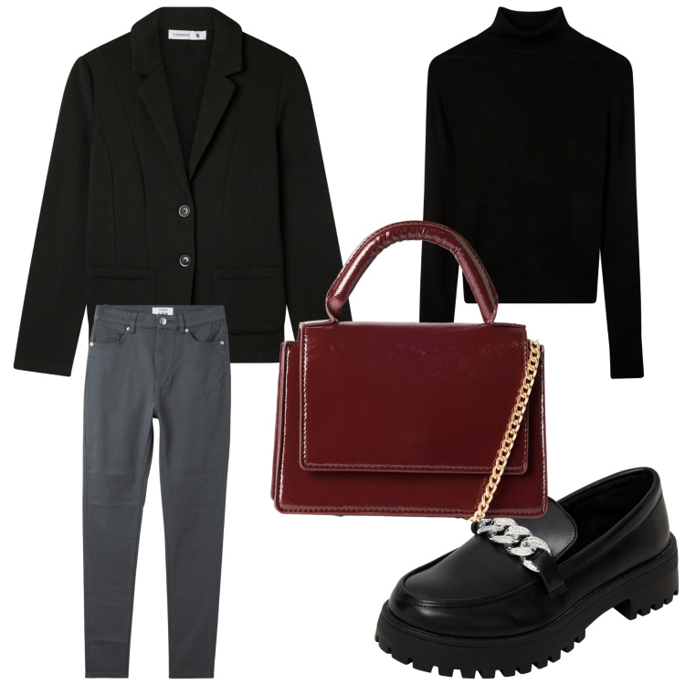 Outfit donna - Lunedì mannish. Stile Mannish per Ufficio. Abbinamento con mocassini, blazer, pantaloni skinny, maglieria, borse a tracolla.