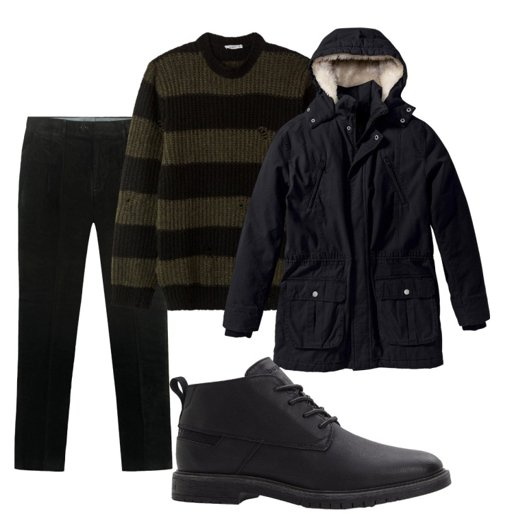 Outfit uomo - Total look #2267400. Stile Casual per Tutti i giorni. Abbinamento con parka, stivali e stivaletti, maglieria, pantaloni.