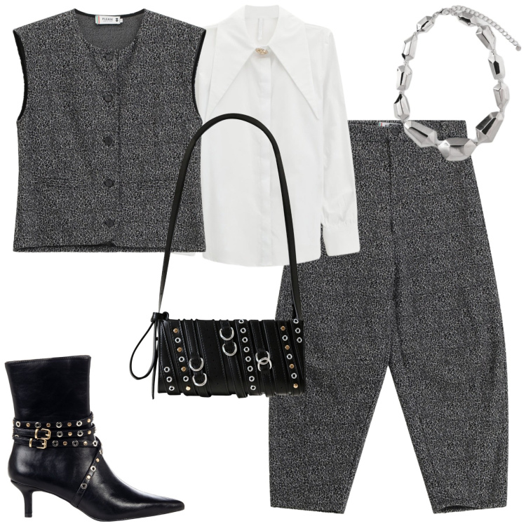Outfit donna - Ottobre. Stile Urban per Tutti i giorni. Abbinamento con pantaloni, gilet, stivaletti, borse a spalla, camicie, ciondoli.