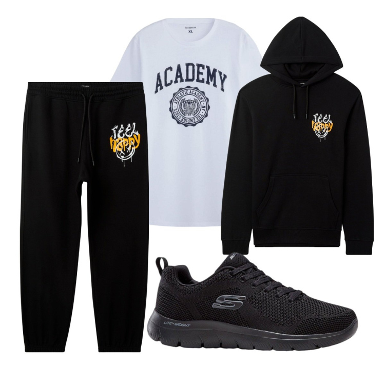 Outfit uomo - Total look #2267402. Stile Casual per Sport. Abbinamento con sneakers, felpe con cappuccio, pantaloni, t-shirt sportive.