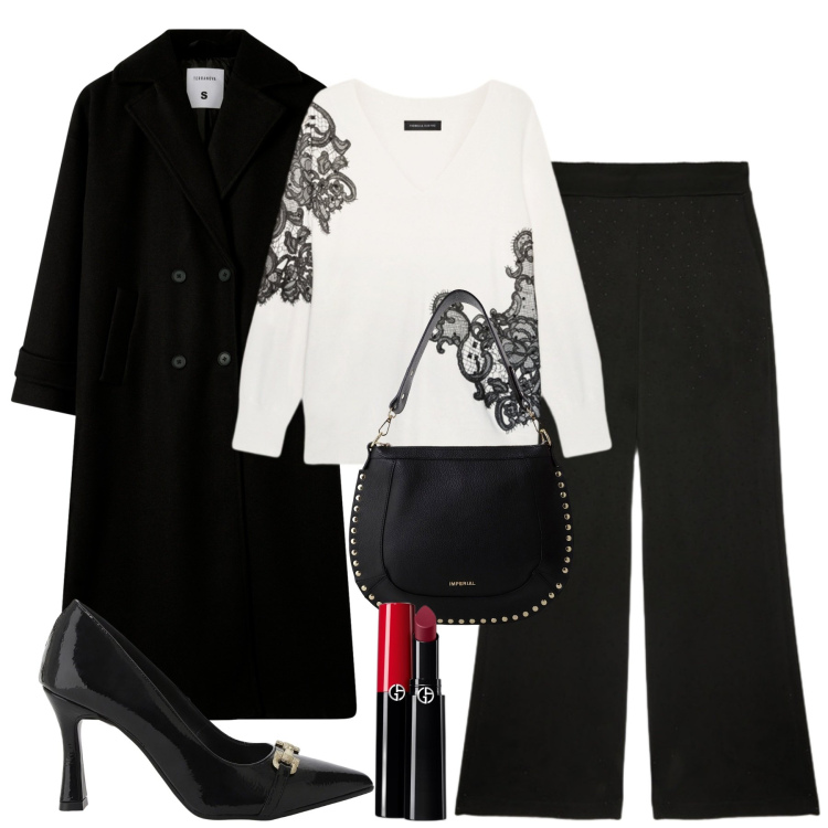 Outfit donna - Ottobre. Stile Urban per Tutti i giorni. Abbinamento con rossetti, cappotti, décolleté, borse a spalla, maglieria, pantaloni.