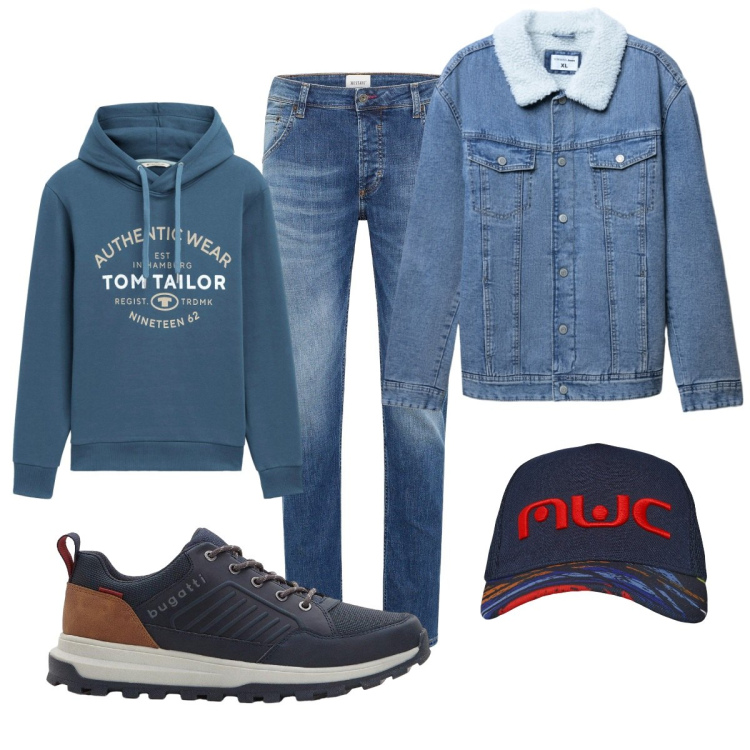 Outfit uomo - Total look #2267406. Stile Casual per Tutti i giorni. Abbinamento con jeans dritti, sneakers, felpe con cappuccio, cappelli con visiera, giacche.