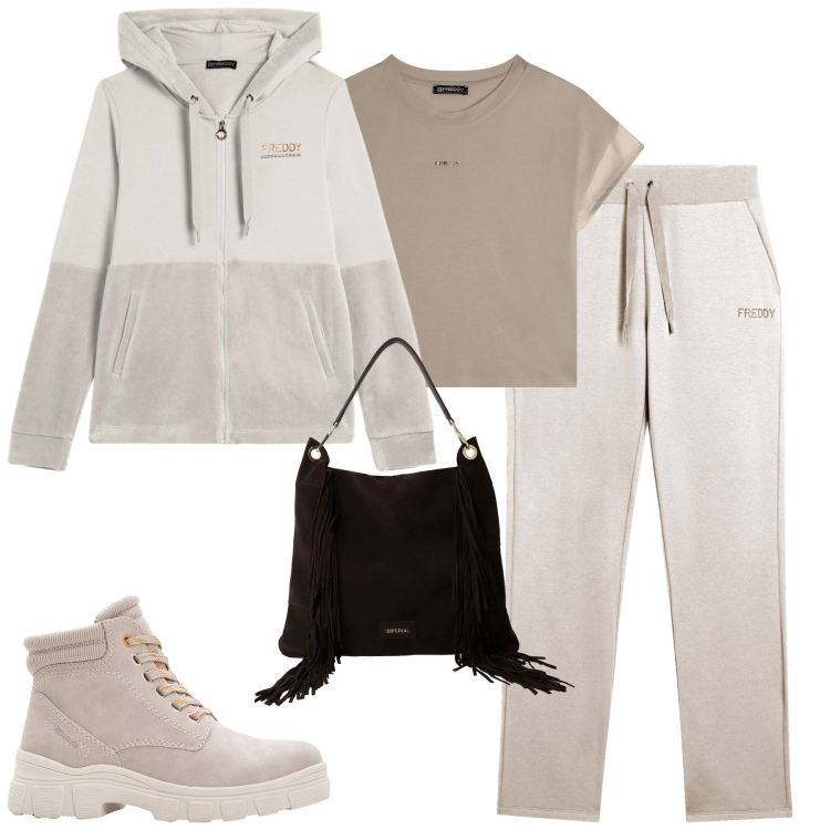 Outfit donna - Freddy. Stile Casual per Tutti i giorni. Abbinamento con stivaletti, borse a spalla, felpe con cappuccio, pantaloni, t-shirt.
