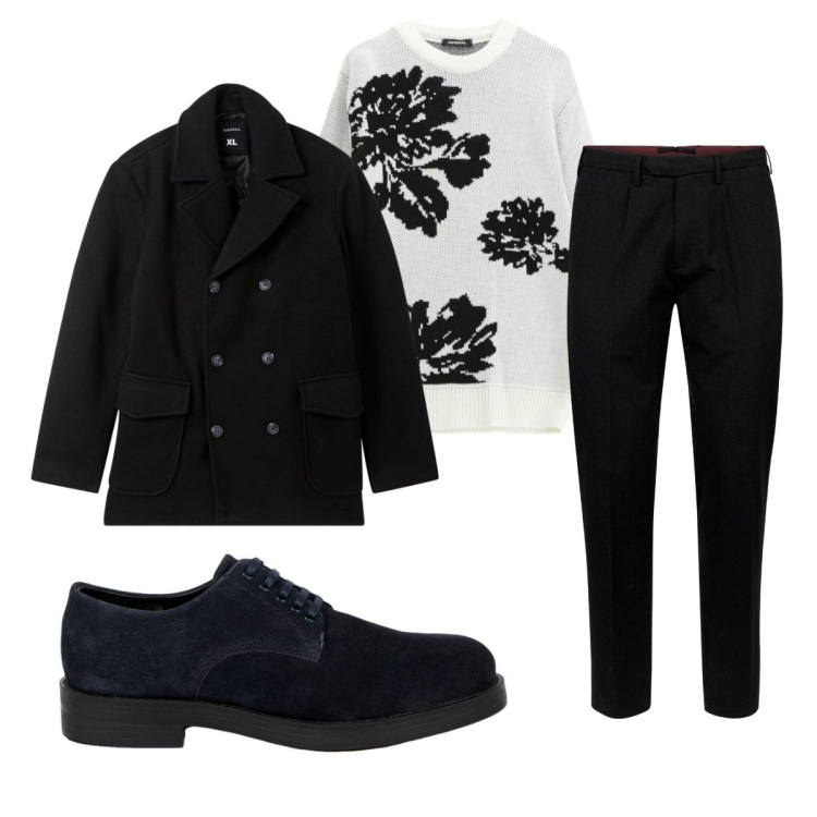 Outfit uomo - Total look #2267409. Stile Trendy per Serata speciale. Abbinamento con caban, pullovers, scarpe stringate, pantaloni.