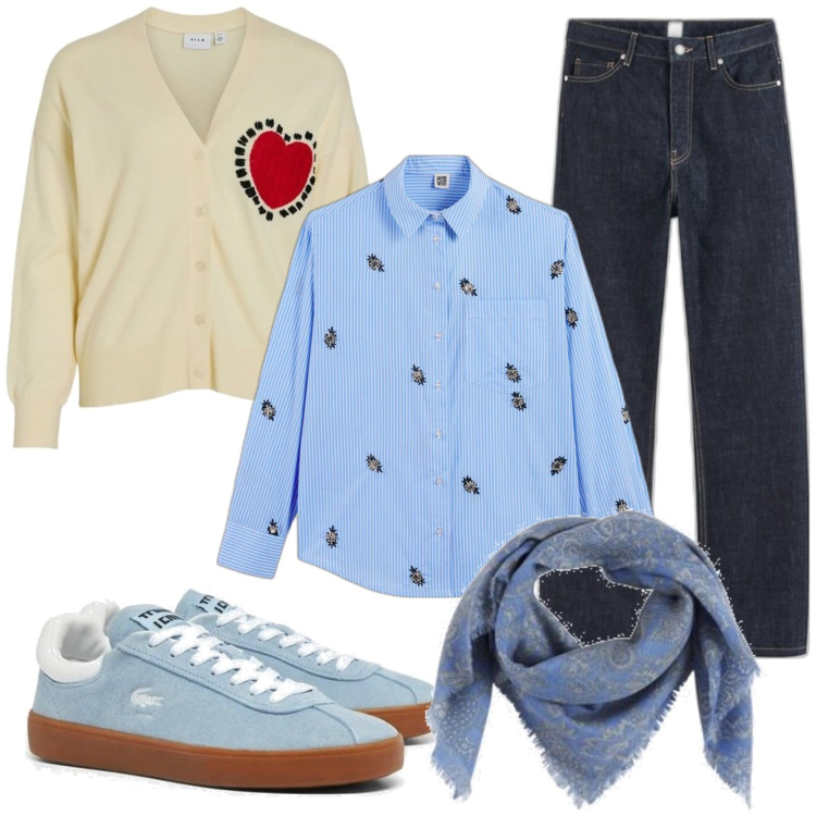 Outfit mujer - Bon Ton #6012. Estilo Bon Ton para Escuela/Universidad. Combinación con sneakers, vaqueros rectos, cárdigans, bandas para el pelo, camisas.