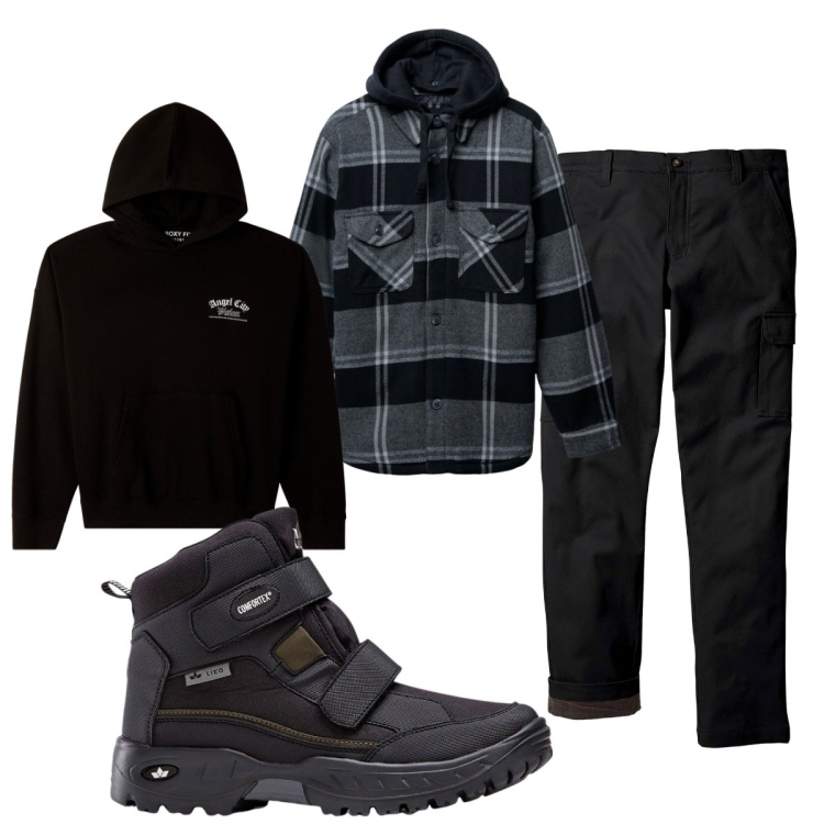 Outfit uomo - Total look #2267428. Stile Casual per Tutti i giorni. Abbinamento con stivali e stivaletti, pantaloni cargo, felpe con cappuccio, giacche.