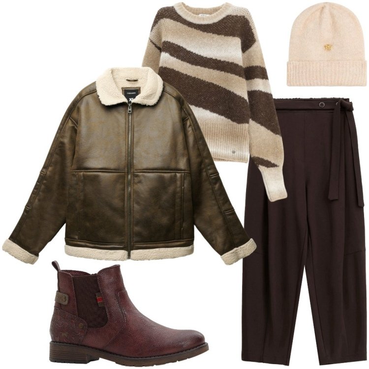 Outfit donna - Passeggiata tra le foglie. Stile Urban per Tutti i giorni. Abbinamento con stivaletti chelsea, giacche, pullovers, pantaloni, berretti.