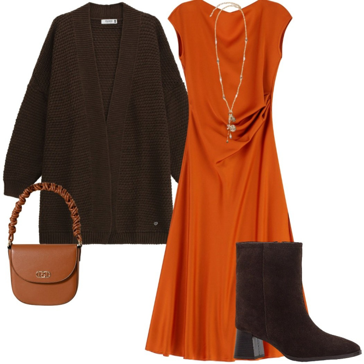 Outfit donna - Arancione a ottobre. Stile Casual chic per Serata fuori. Abbinamento con stivaletti, borse a mano, cardigans, vestiti lunghi, ciondoli.