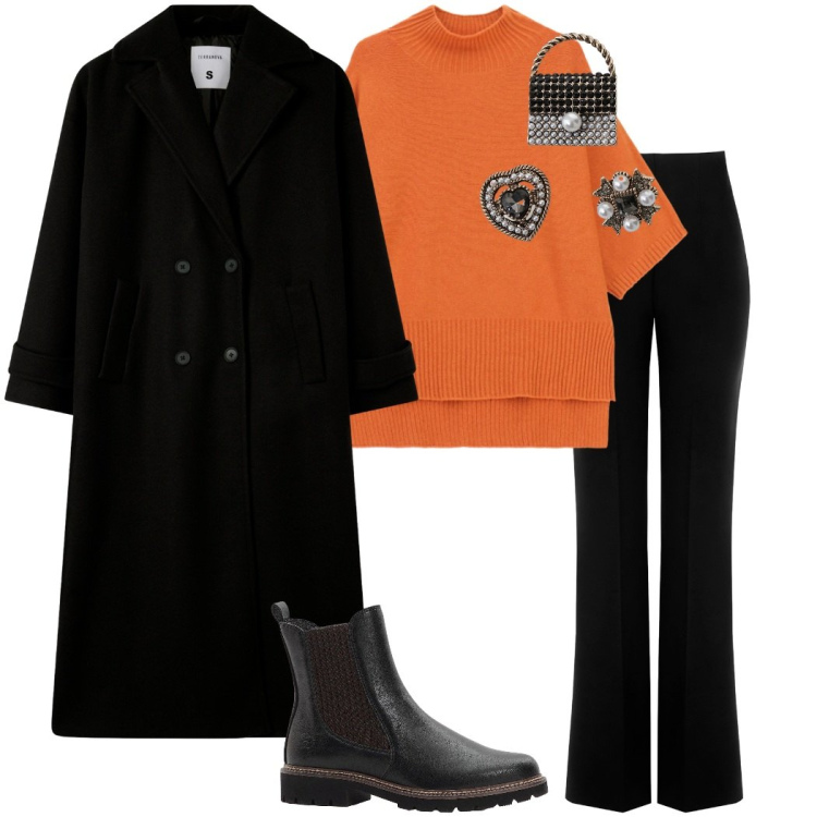Outfit donna - Arancione a ottobre. Stile Urban per Tutti i giorni. Abbinamento con stivaletti chelsea, cappotti, pantaloni, maglieria, accessori per capelli.