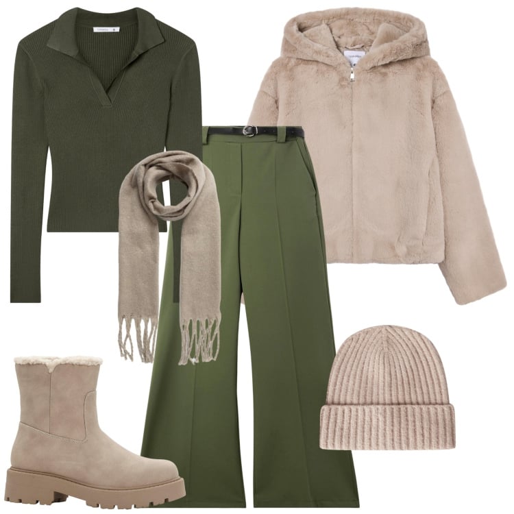Outfit donna - Verde bosco. Stile Urban per Tutti i giorni. Abbinamento con stivaletti, pantaloni, ecopellicce, maglieria, berretti, sciarpe.