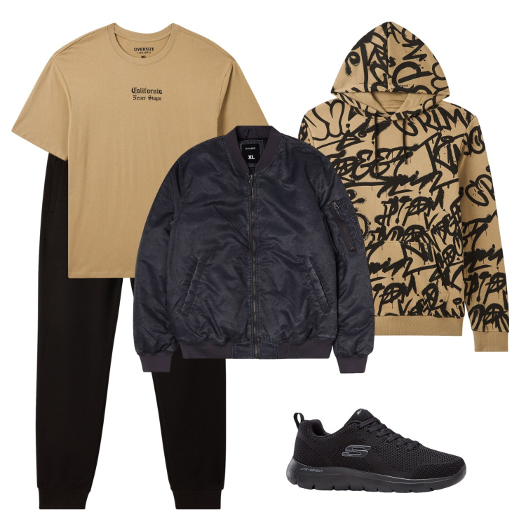 Outfit uomo - Cammello sportivo. Stile Casual per Tutti i giorni. Abbinamento con sneakers, felpe con cappuccio, t-shirt, bomber, pantaloni.