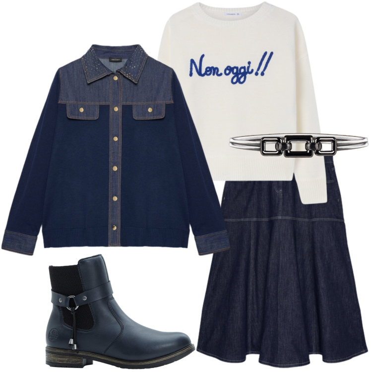 Outfit donna - Non oggi!!. Stile Casual per Serata fuori. Abbinamento con stivaletti chelsea, maglieria, cinture, cardigans, gonne lunghe.