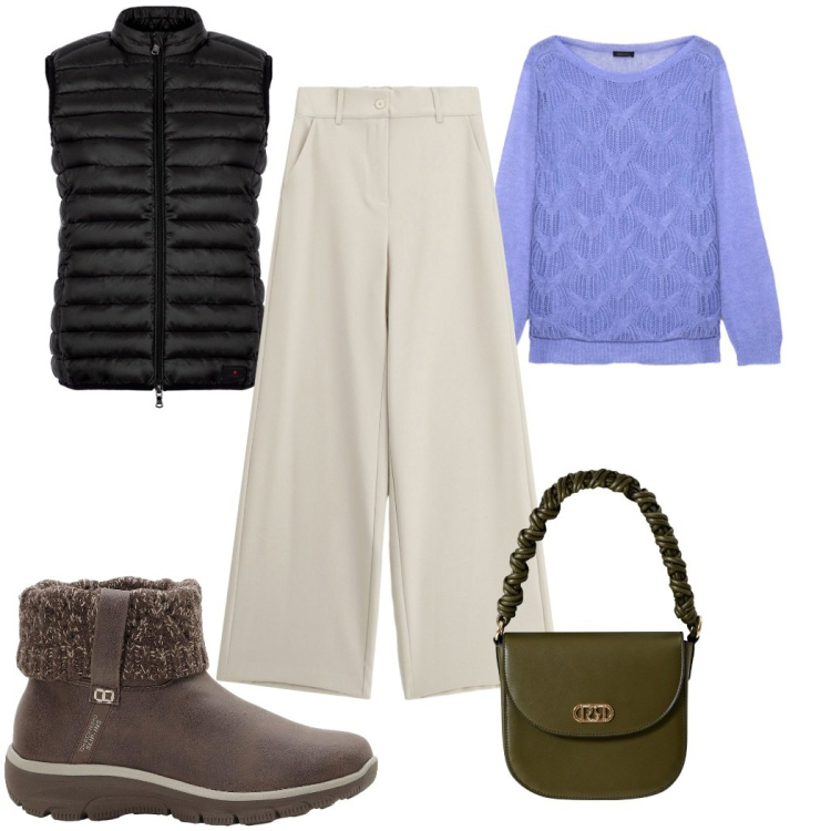 Outfit donna - Total look #2267451. Stile Basic per Tutti i giorni. Abbinamento con stivaletti, borse a mano, piumini, pantaloni a palazzo, maglieria.