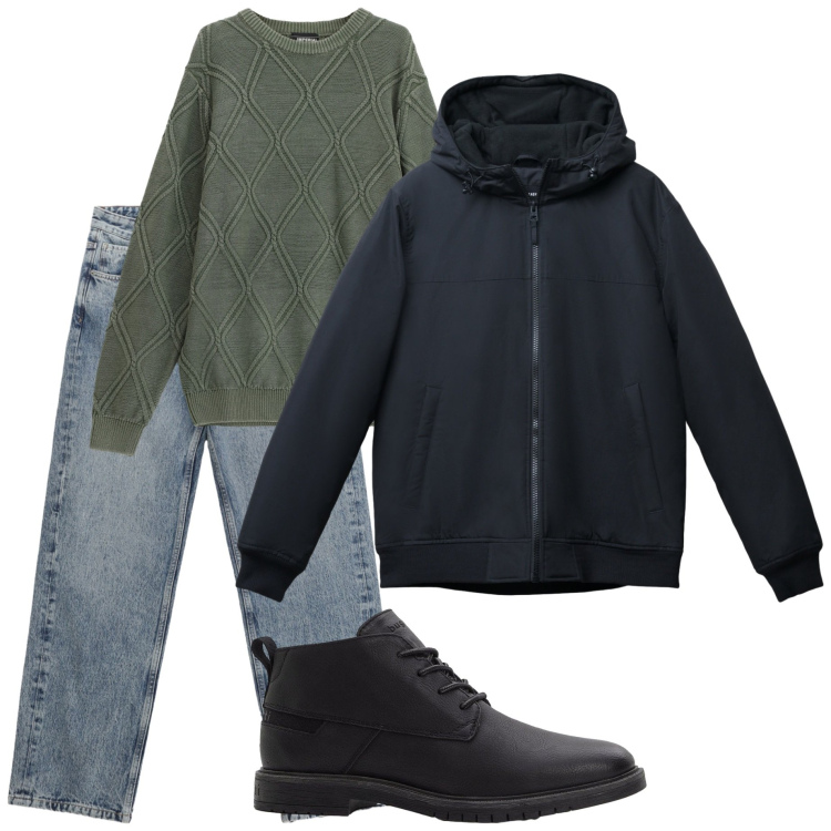 Outfit uomo - Con gli amici. Stile Casual per Tutti i giorni. Abbinamento con stivali e stivaletti, giacche, jeans dritti, maglieria.