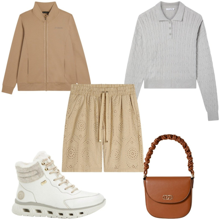 Outfit donna - Total look #2267454. Stile Trendy per Tutti i giorni. Abbinamento con stivaletti, t-shirt, borse a mano, bermuda, felpe.