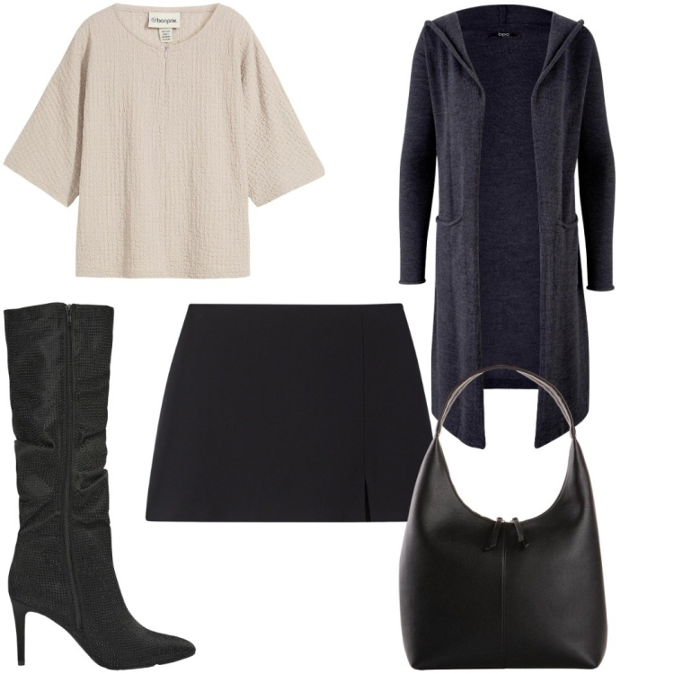 Outfit donna - Total look #2267456. Stile 70s per Tutti i giorni. Abbinamento con maglieria, cardigans, shopping bag, stivali, minigonne.