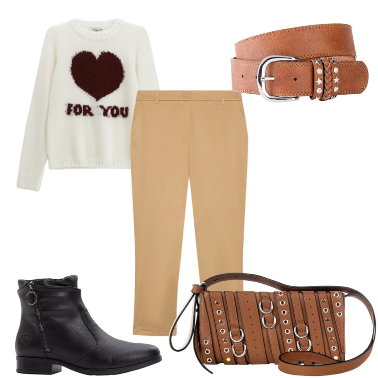 Outfit donna - Total look #2267457. Stile Basic per Tutti i giorni. Abbinamento con cinture, stivaletti, borse a spalla, pullovers, pantaloni chino.