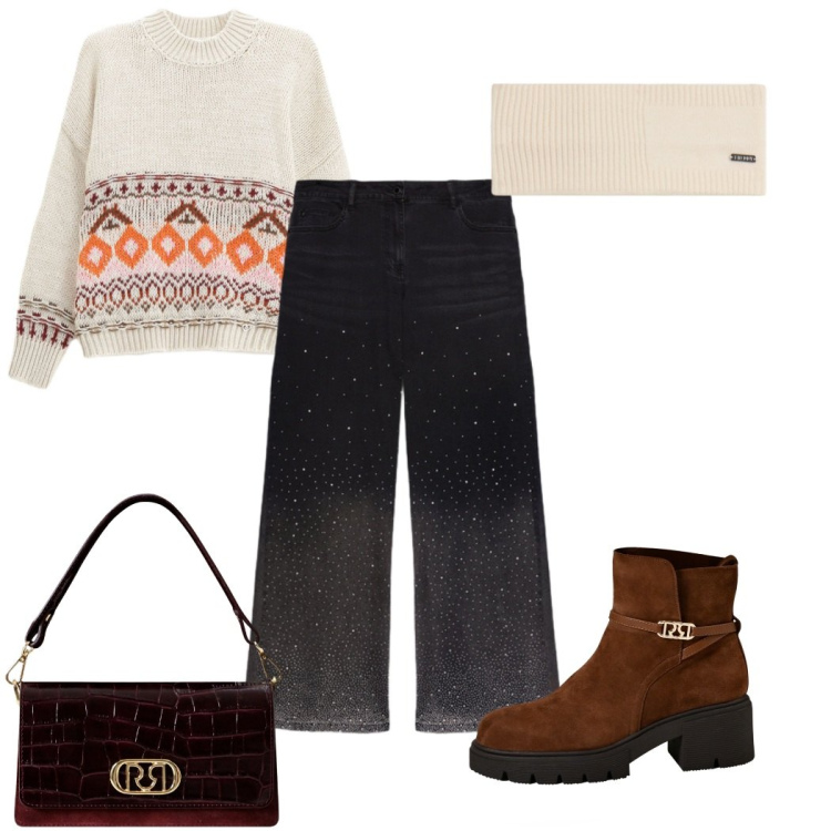 Outfit donna - Total look #2267458. Stile 70s per Tutti i giorni. Abbinamento con maglieria, stivaletti, borse a mano, accessori per capelli, jeans.