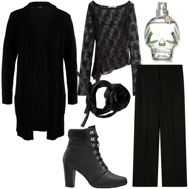 Outfit donna - Festa di halloween in vista. Stile Rock per Serata fuori. Abbinamento con stivaletti, cardigans, profumi, collane, maglieria, pantaloni a palazzo.