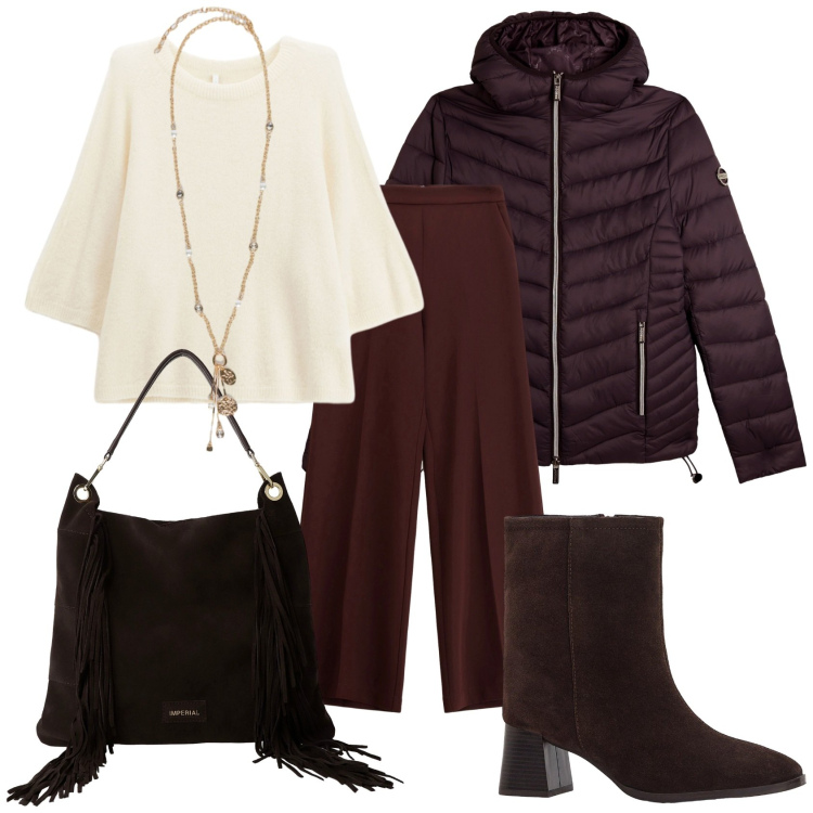 Outfit donna - Passeggiata autunnale. Stile Chic per Tutti i giorni. Abbinamento con stivaletti, maglieria, pantaloni, borse a spalla, piumini, ciondoli.