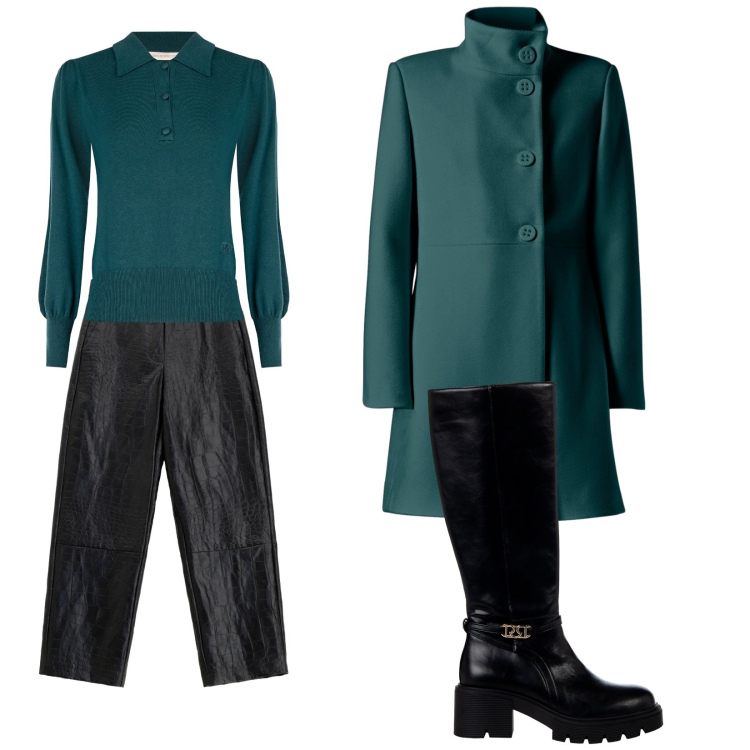 Outfit donna - Nella tonalità dell\'ottanio. Stile Casual per Tutti i giorni. Abbinamento con cappotti, stivali sopra il ginocchio, polo, pantaloni.