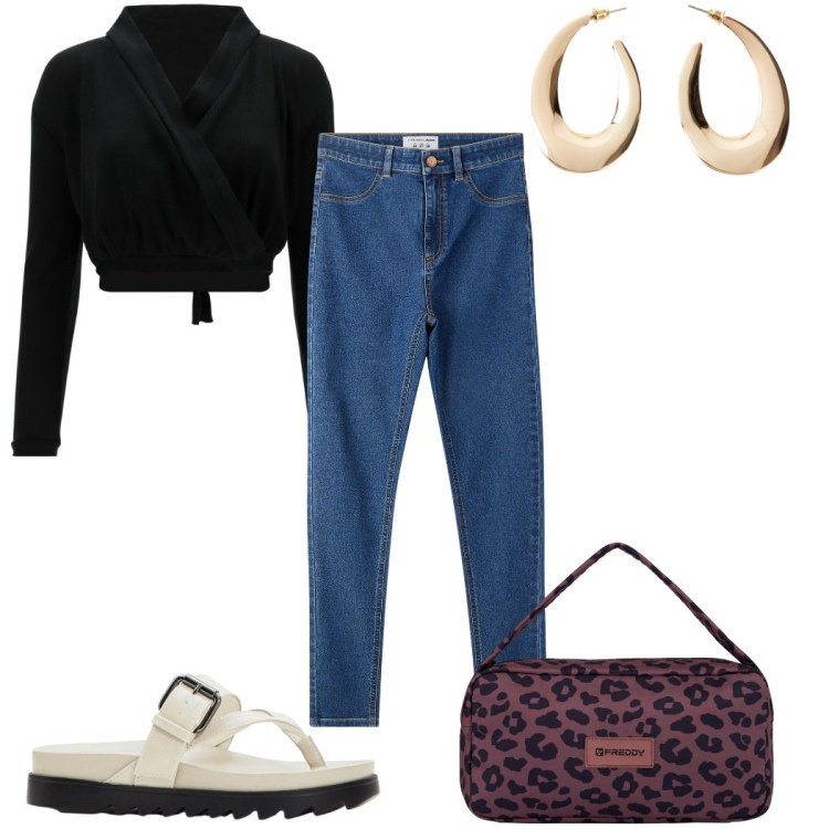 Outfit donna - Total look #2267464. Stile Trendy per Tutti i giorni. Abbinamento con orecchini, ciabatte, jeggings, top, borse a spalla.