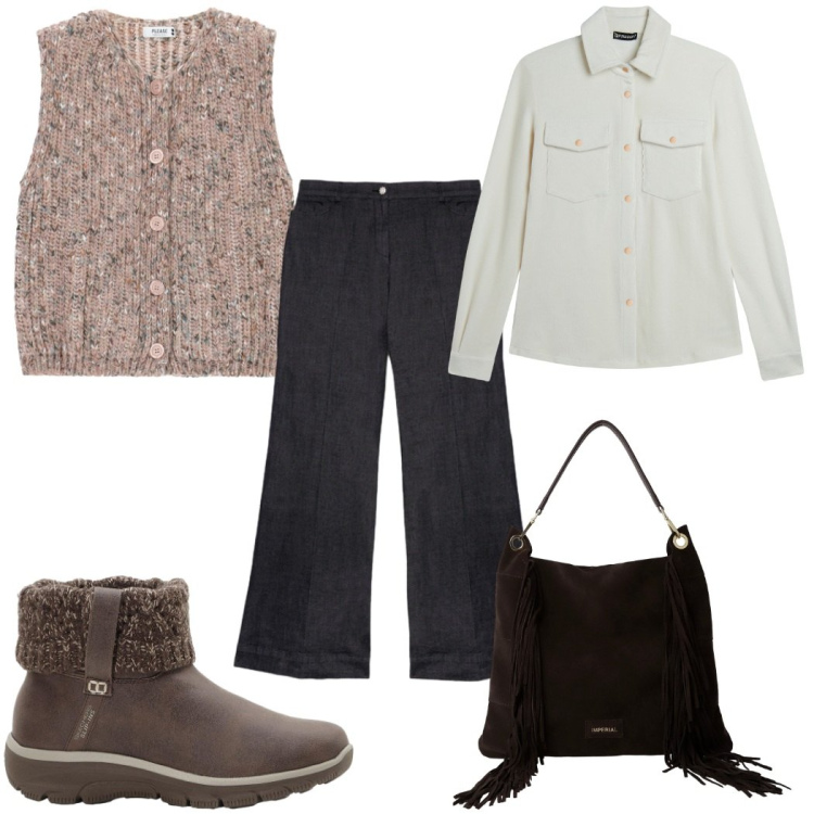 Outfit donna - Total look #2267465. Stile Basic per Tutti i giorni. Abbinamento con stivaletti, gilet, borse a spalla, camicie, jeans dritti.