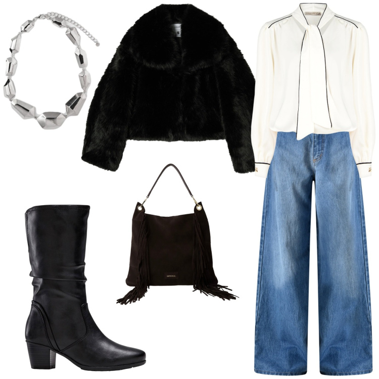 Outfit donna - Trend. Stile Casual per Tutti i giorni. Abbinamento con stivali, blazer, jeans, bluse, borse a spalla, ciondoli.