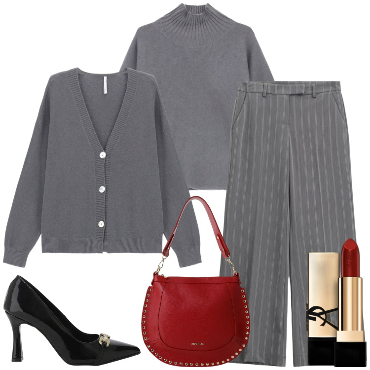 Outfit donna - Imperial. Stile Bon Ton per Ufficio. Abbinamento con rossetti, pantaloni a palazzo, cardigans, maglieria, borse a spalla, décolleté.