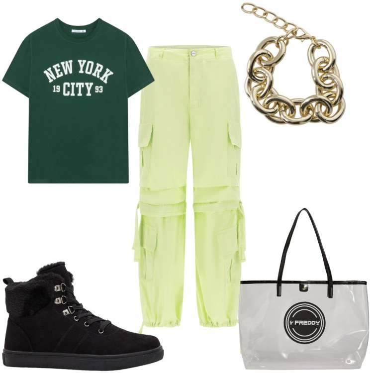 Outfit donna - Total look #2267469. Stile Urban per Tutti i giorni. Abbinamento con sneakers alte, t-shirt, braccialetti, pantaloni cargo, shopping bag.