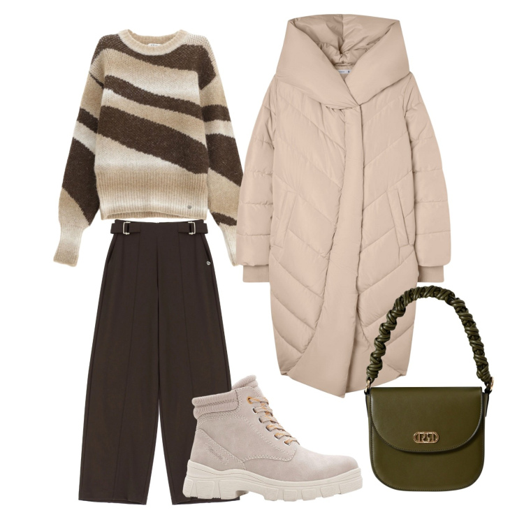 Outfit donna - Freddo autunno. Stile Casual per Tutti i giorni. Abbinamento con stivaletti, cappotti, pullovers, pantaloni a palazzo, borse a mano.