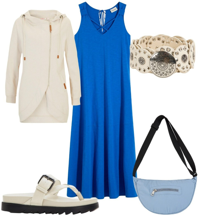 Outfit donna - Total look #2267471. Stile Trendy per Tutti i giorni. Abbinamento con blazer, vestiti lunghi, ciabatte, cinture, borse a tracolla.