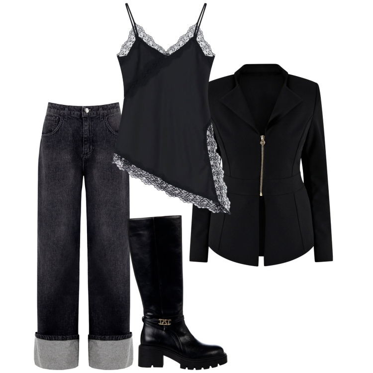 Outfit donna - Totale black. Stile Casual chic per Serata fuori. Abbinamento con stivali sopra il ginocchio, jeans, blazer, top.