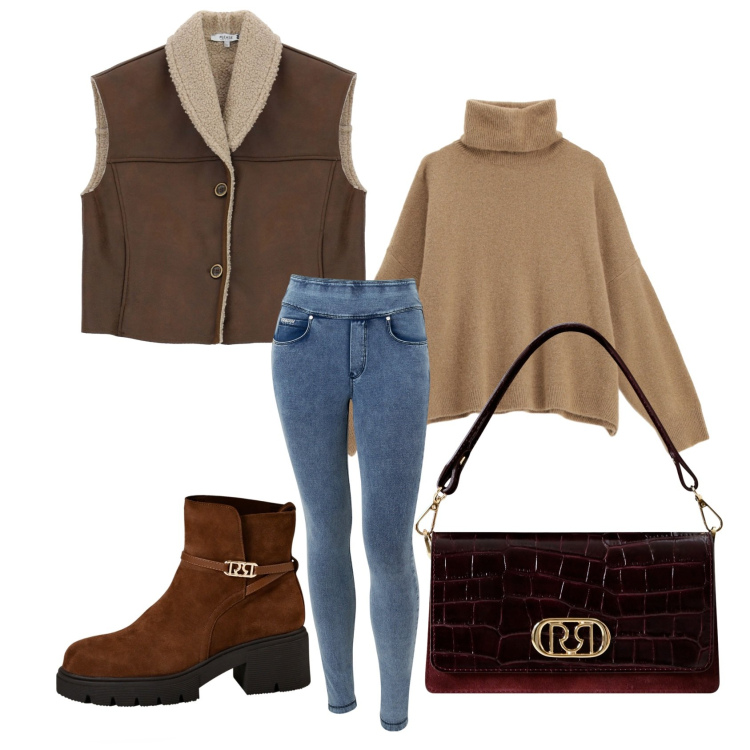 Outfit donna - Passeggiata autunnale. Stile Casual per Serata fuori. Abbinamento con gilet, stivaletti, borse a mano, maglieria, jeans skinny.