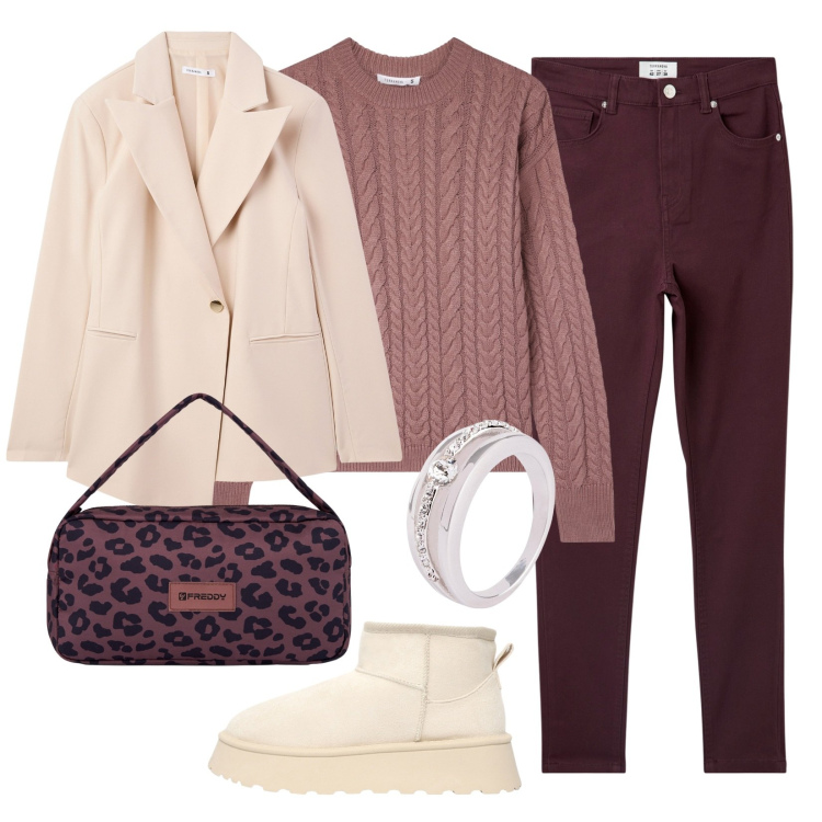 Outfit donna - Il maglioncino caldo. Stile Casual per Tutti i giorni. Abbinamento con anelli, pantaloni skinny, blazer, stivaletti, maglieria, borse a spalla.
