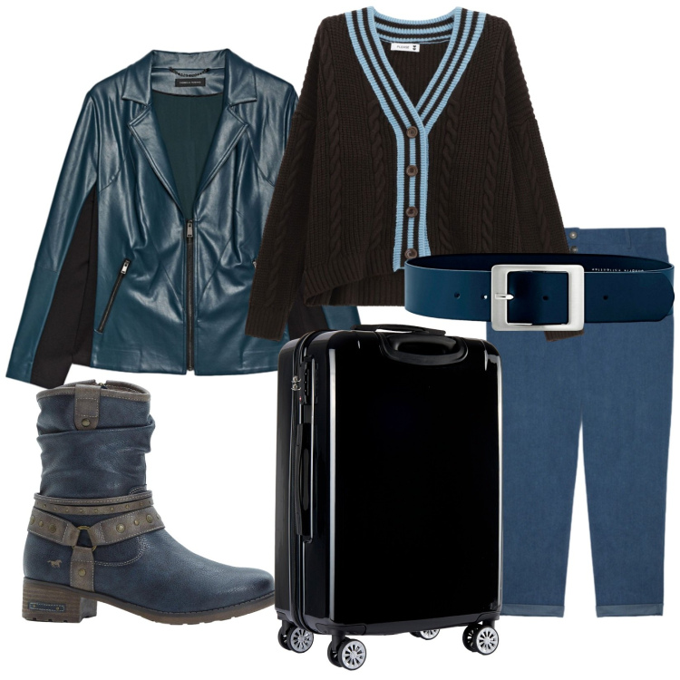 Outfit donna - In partenza. Stile Casual chic per Tutti i giorni. Abbinamento con cinture, stivali, cardigans, valigie, pantaloni, giacche.
