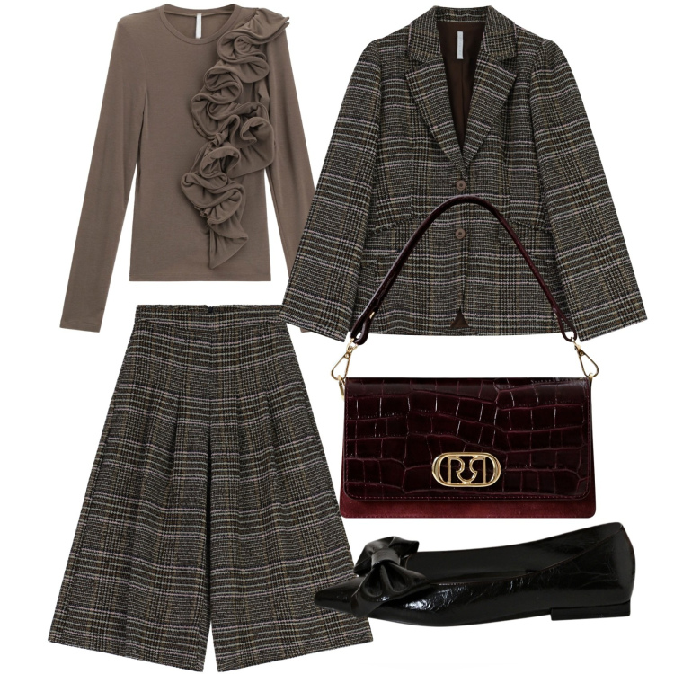 Outfit donna - Tallier a quadri. Stile Casual per Ufficio. Abbinamento con ballerine, borse a mano, t-shirt, pantaloni a palazzo, blazer.