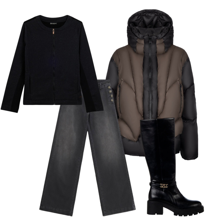 Outfit donna - In nero. Stile Sporty chic per Tutti i giorni. Abbinamento con stivali sopra il ginocchio, jeans, felpe, piumini.