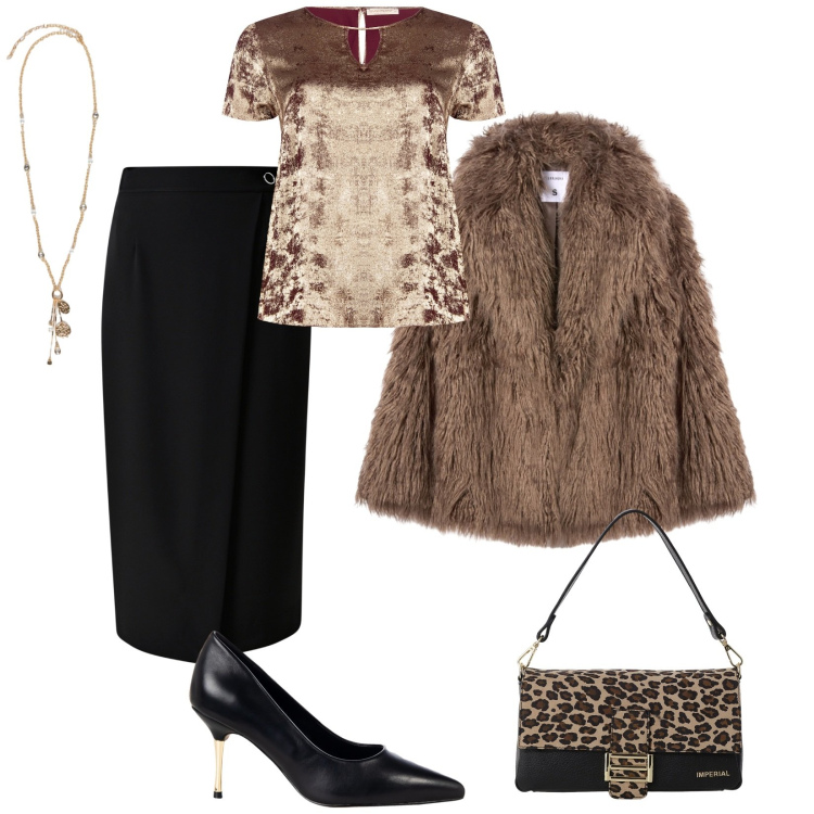 Outfit donna - Elegante trendy. Stile Glamour per Serata fuori. Abbinamento con ecopellicce, gonne, décolleté, bluse, borse a spalla, ciondoli.