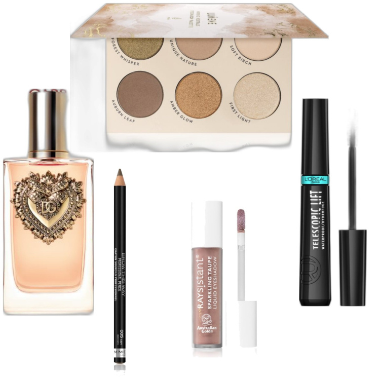 Outfit donna - Nei colori dell'autunno. Abbinamento con mascara, eyeliner, ombretti, ombretti, profumi.