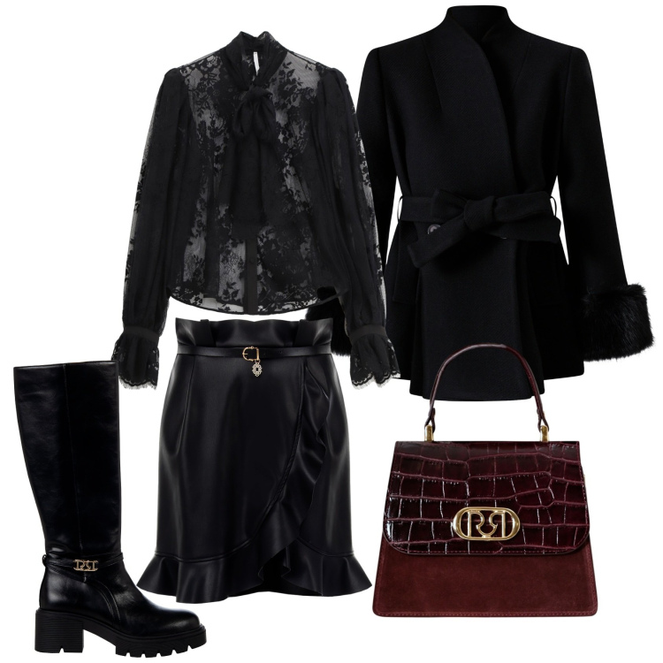 Outfit donna - Serata tra amici. Stile Chic per Serata fuori. Abbinamento con cappotti, minigonne, stivali sopra il ginocchio, borse a mano, camicie.