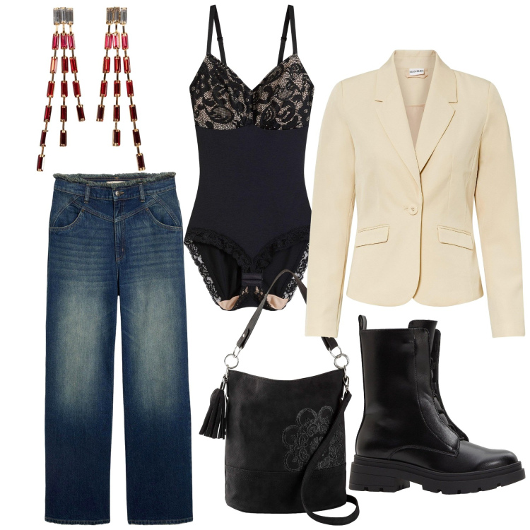 Outfit donna - Total look #2267487. Abbinamento con jeans dritti, blazer, body, stivaletti, borse a mano, orecchini.