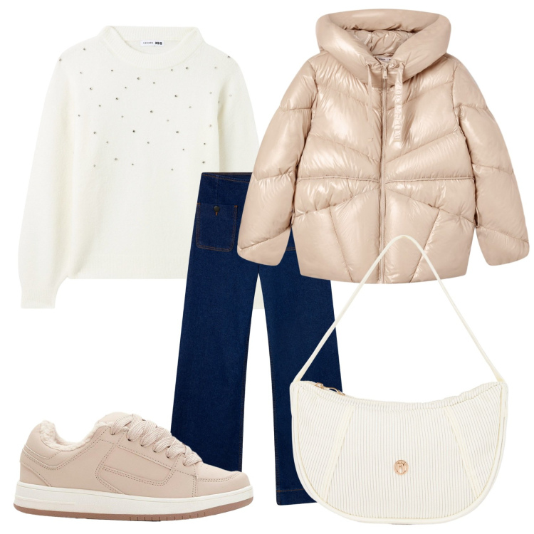 Outfit donna - Serata a casa di amici. Stile Casual chic per Serata fuori. Abbinamento con sneakers, giacche, jeans, maglieria, borse a mano.