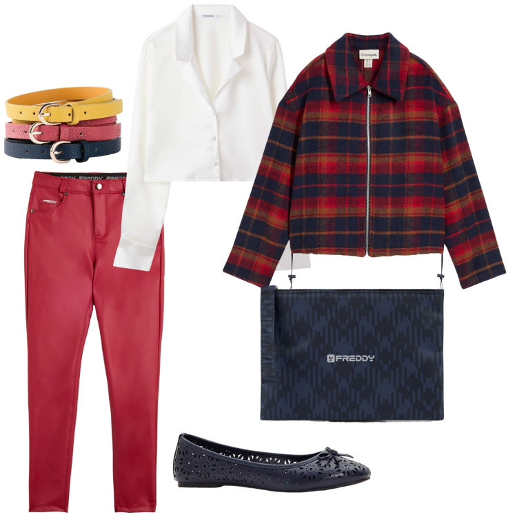 Outfit donna - Giacca a quadri. per Tutti i giorni. Abbinamento con ballerine, cinture, blazer, camicie, pantaloni skinny, clutch.