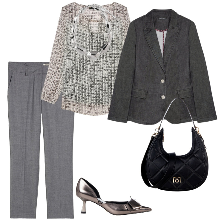 Outfit donna - Cena fuori. per Serata fuori. Abbinamento con pantaloni, décolleté, borse a tracolla, bluse, blazer, ciondoli.