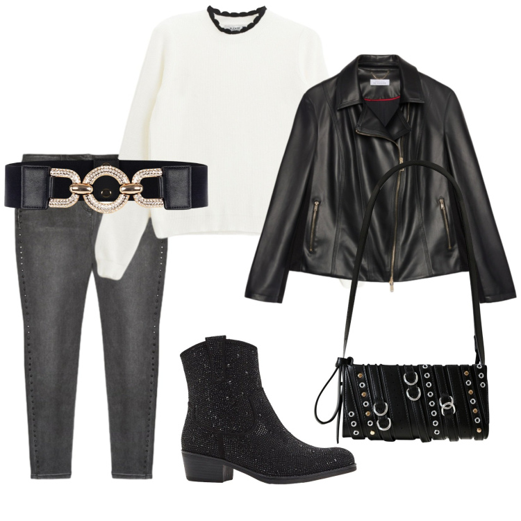 Outfit donna - Over rock. per Serata fuori. Abbinamento con stivaletti texani, pullovers, cinture, borse a spalla, giacche, jeans skinny.